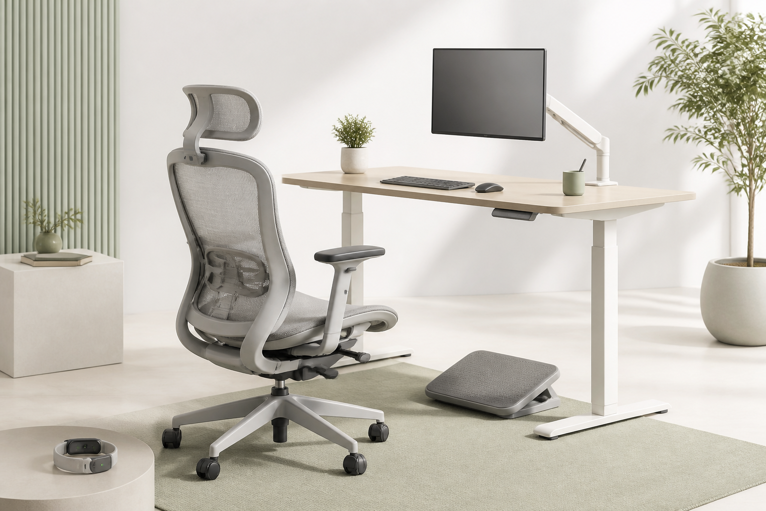 Illustrated light workspace with a chair, desk and accessories